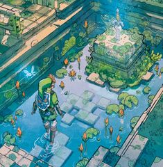 an artist's rendering of a garden with water lilies and people walking around