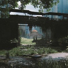 an image of a bridge that is going over some water in the middle of nowhere