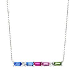 This sweet bar necklace beautifully displays five multi- colored baguette sapphires (approx. .72 carat TW)  and two round diamonds (approx. .08 carat TW). Crafted from quality 14 karat white gold  this design measures one inch wide and hangs from a matching 16-inch chain. The total gem weight is approximately .80 carat. Sapphire Diamond Necklace, Sweet Bar, Jewelry Cleaning Solution, Platinum Jewelry, Make Your Own Jewelry, Filigree Design, Sapphire Jewelry, One Inch, Natural Sapphire