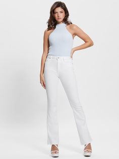 Sexy Flared Jeans | GUESS Chic Denim Flares For Spring, Trendy Five-pocket Jeans For Night Out, High Rise Jeans With Five Pockets For Night Out, High Waist Fitted Flare Jeans With Five Pockets, Fitted High Waist Flare Jeans With Five Pockets, Chic Fitted White Flares, Chic White Fitted Flares, Summer Fitted Flare Jeans, Trendy Fitted Flare Jeans With Straight Leg