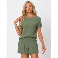 Made of linen fabric, soft, lightweight, and breathable, the 2-pieced outfit set features a regular fit with short sleeves to create a casual and cool daily look. High-waisted shorts with two functional pockets are convenient, which is an effortless outfit to match with any other pieces in your wardrobe. The loose-fit loungewear set is perfect for girls of all shapes, providing you with a casual fashion look. The tracksuit with simplicity is versatile to be paired with sandals or sneakers to bri Casual Solid Linen Set, Green Linen Casual Sets, Casual Green Linen Set, Solid Color Linen Loungewear Sets, Solid Linen Loungewear Sets, Solid Color Short Top For Summer, Summer Solid Color Short Top, Short Solid Color Summer Tops, Casual Linen Sets For Summer