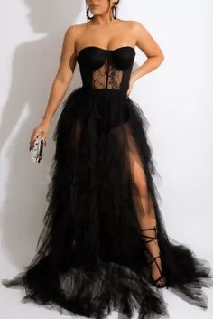 Black Fashion Sexy Casual Sexy Lace See-through Party Mesh Strapless Dresses Corset Dress Formal, Formal Wedding Guests, Strapless Dresses, Dress Sleeve Length, Party Kleidung, Ruffled Maxi Dress, Formal Wedding, Party Dresses For Women, Corset Dress