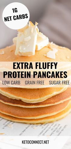 a stack of pancakes with butter on top and the words extra fluffy protein pancakes below