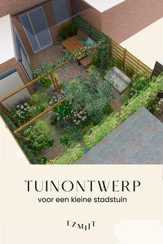 an aerial view of a small garden in the middle of a building with text overlaying it