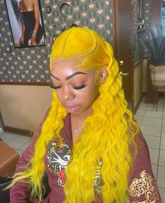 pretty & unique buss down wig. follow for more content. Yellow Wig Install, Yellow Wigs On Black Women, Buss Down Wig, Unique Wig Hairstyles, Yellow Wig, Hair Tea, Lace Fronts