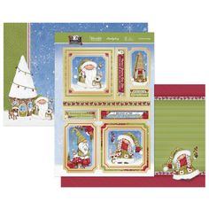 three christmas cards with santa and snowmen on them