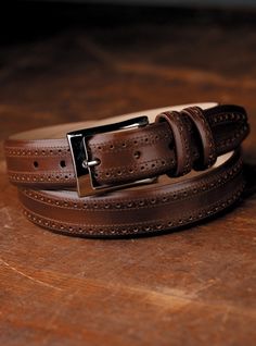 Dark Tan Leather Belt in Brogue Pattern Formal Brown Bridle Leather Belt Buckles, Formal Brown Bridle Leather Belt Buckle, Formal Brown Bridle Leather Belts And Suspenders, Classic Brown Belts And Suspenders With Antique Buckle, Classic Fitted Brown Belts And Suspenders, Brown Leather Belt For Semi-formal Occasions, Classic Business Belt With Antique Buckle, Formal Brown Belts With Antique Buckle, Formal Brown Belt With Antique Buckle