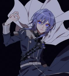 an anime character with purple hair and blue eyes, holding her arms in the air