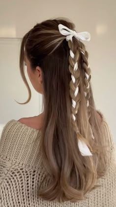 Unique Long Hairstyles, Long Hairstyles Women, Hairstyles Women, Ribbon Hairstyle, Half Up Half Down Hair, Ribbon Hair, Long Blonde Hair, Long Hairstyles