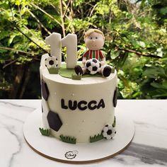 a birthday cake with a soccer theme on it