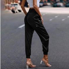 Silky Satin Cargo Jogger Pants Versatile - Great For Casual Or Dressing Up (Sophisticated) Really Flattering High Waisted Fit Pull On Lounge Trousers Ankle Length Never Before Worn Trendy Denim, Satin Pants, Cargo Joggers, Pocket Pants, Casual Denim, Black Satin, Jogger Pants, Flap Pocket, Cargo Pants