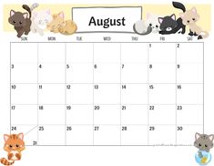 an august calendar with cats and kittens on it