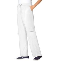 Experience all-day comfort with these easy knit fabric cargo pants. Full elastic waistband ensures a perfect, effortless fit. Flap leg pockets add a utility touch and extra storage. Designed to sit comfortably at the waist. Available inseams: Regular (29"), Petite (27"), Tall (32"). Made from a durable cotton/polyester blend. Easy care – machine washable for convenience. Imported White Mid-rise Cargo Pants With Side Pockets, Casual Relaxed Fit Pull-on Cargo Pants, White Cotton Ankle-length Cargo Pants, White Wide-leg Cargo Pants With Elastic Waistband, Solid Color Relaxed Fit Pull-on Cargo Pants, Tapered Joggers, Seersucker Pants, Woman Within, Girls Fleece