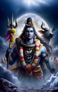 the hindu god is standing in front of a full moon with two horned bulls on his shoulder