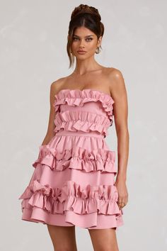 Rosette Blush Ruffled Bandeau Mini Dress – Club L London - USA Bandeau Mini Dress, Velvet Prom Dress, Black Dress Prom, Black Tie Gala, Strapless Bandeau, Party Dress Long Sleeve, Bridesmaid Outfit, Black Sequin Dress, Black Velvet Dress