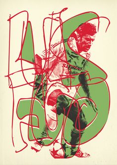 a drawing of a man kicking a soccer ball with red and green lines on it