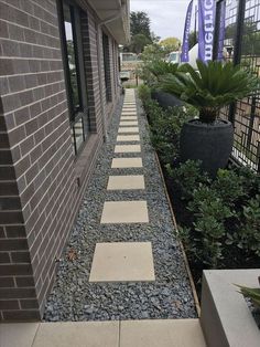 a stone walkway between two buildings with plants in the front and one on the side