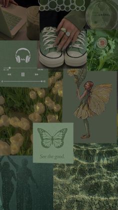 a collage of images with various items in them including shoes, plants and flowers