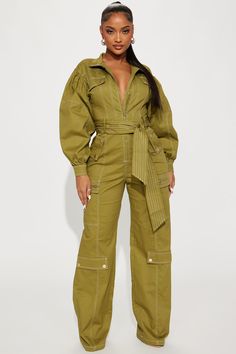 Available In Olive. Jumpsuit Long Sleeve Collar Front Zipper Faux Buttons Cargo Tie Waist Wide Leg Non Stretch Inseam = 34" 65% Cotton 34% Polyester 1% Elastane Imported | Prove You Wrong Jumpsuit in Olive Green size 3X by Fashion Nova Olive Jumpsuit, Jumpsuit Long Sleeve, Cargo Jumpsuit, Jumpsuit Long, Fashion Nova Pants, Long Jumpsuits, Curve Dresses, Jumpsuit Fashion, Mens Activewear