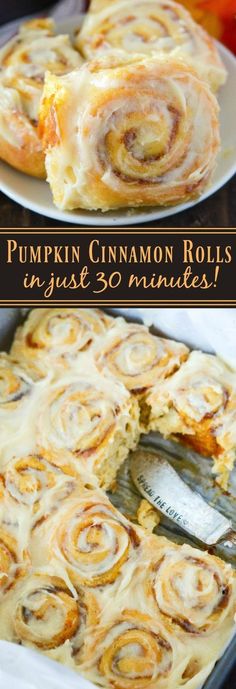 pumpkin cinnamon rolls in a pan with a fork