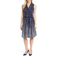 Scattered Polka Dot Notch Collar Wrap Dress Anne Klein The Polka Dots Pile Up As They Flow Down This Darling Dress Cut With Shoulder-Baring Sleeves And A Bow-Tied Waist. Slips On Over Head; Ties At Waist Notch Collar V-Neck Sleeveless Lined Fabric Shell: 97% Cotton, 3% Elastane Lining: 100% Polyester Approximate Dimensions Womens Size 10. 36“ Bust; 42 1/2“ Length. True To Size. Colors Are Breton Blue And Optic White -- First And Last Image. Brand New With Tags. From Nordstrom. No Flaws. Retail I Polka Dot Spring Workwear Dresses, Polka Dot Dresses For Spring Workwear, Polka Dot Work Dresses For Spring, Collar Wrap Dress, Head Ties, Darling Dress, Notch Collar, Klein Blue, Dress Cuts