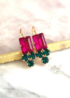 Pink Green Earrings, Fuchsia Drop Earrings, Fuchsia Emerald Crystal Drop Earrings, Bridesmaids Earrings, Dark Pink Earrings, Gift For Her Pink Earrings With Lever Back Ear Wires For Party, Dark Pink Earrings, Emerald Green Stone, Crystal Uses, Bridesmaids Earrings, Jewel Tone Wedding, Emerald Crystal, Green Earrings, Crystal Drop Earrings