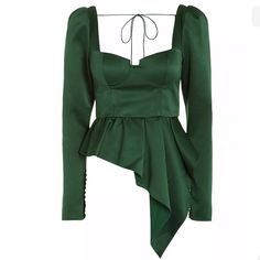 This Top Is Cut From Green Duchess Satin. The Style Is Fitted Through The Bodice And Falls To An Asymmetric Peplum Hem. This Style Is Lined. Material: 100% Polyester Lining: 100% Polyester, Fully Lined Care Instructions: Dry Clean Zipped Back, Hook-Fastening Back Buttoned Cuffs True To Size Price Is Firm Brand New And 100% Authentic Duchess Satin, Satin Top, Asymmetrical Tops, Green Satin, Green Tops, Green Blouse, Asymmetrical Hem, Self Portrait, Satin Dresses