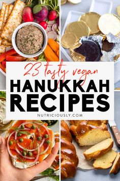 many different types of food are shown with the words 25 tasty vegan hanukkah recipes