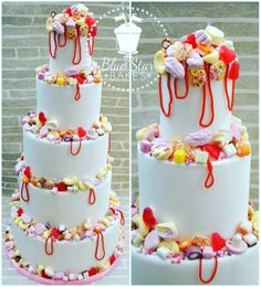 a three tiered cake with candy and candies on it