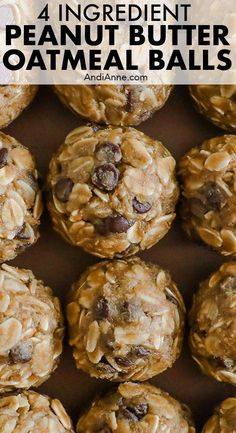 chocolate chip peanut butter oatmeal balls stacked on top of each other with text overlay