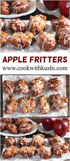 apple fritters with white icing and apples on the side are shown in this collage