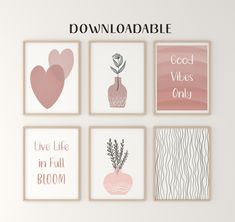 four framed art prints with the words, love and flowers in different colors on them