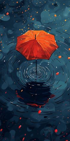 an orange umbrella floating on top of a body of water with red dots around it