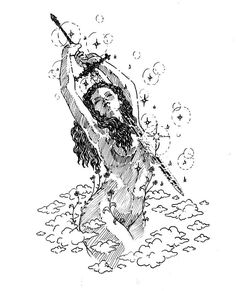 a black and white drawing of a man in the water holding a spear with stars above his head