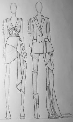 two dresses and jackets are shown in this pencil drawing, one is made up to look like