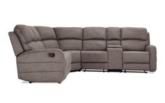 a gray sectional couch with recliners on the back and one arm facing it