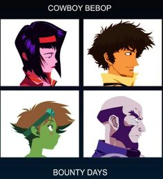 four different avatars from cowboy bebop and bouncy days, with the caption's above them