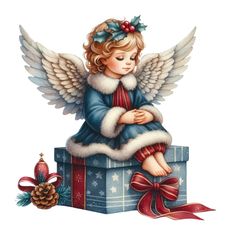 an angel sitting on top of a present box