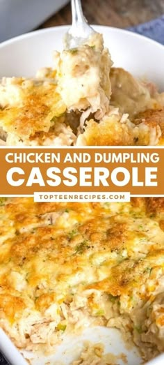 chicken and dumpling casserole in a white dish with a serving utensil