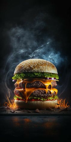 a large hamburger with lots of cheese and lettuce on it, surrounded by flames