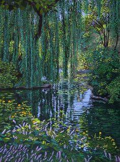 an oil painting of a pond surrounded by trees and flowers