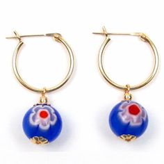 "Gorgeous blue Venetian glass bead hoop earrings.      Bead: 10mm blue Venetian glass beads with flower pattern      Metal: variable: 14K solid yellow gold; gold plated 925 sterling silver; 925 sterling silver      Hoop measurement:  variable           14K Gold: 15mm (diameter) X 1.25mm (tube thickness)           Silver with gold plating: 15mm (diameter) X 1.5mm (tube thickness)           Silver: 15mm (diameter) X 1.5mm (tube thickness)     Earring measurement: 1 1/2\" in length including the bead Actual bead may vary in size, pattern, shape and color." Bead Hoop Earrings, 14k Gold Hoop Earrings, Geode Earrings, Heart Shaped Necklace, Venetian Glass, Beaded Hoop Earrings, Beaded Hoops, Fine Earrings, Sterling Silver Hoops