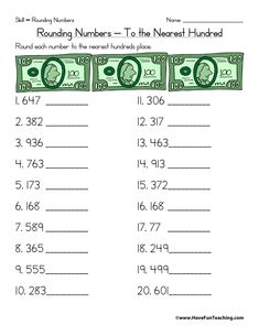 rounding numbers to the nearest hundred dollars worksheet for 3rd grade and fourth grade