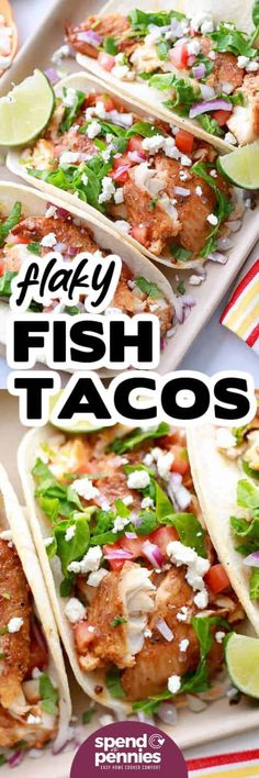 fish tacos on a plate with limes and cilantro