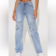 Sooooo Cute Sadly I Ordered The Wrong Size Oversized Bottoms With Letter Print For Spring, Trendy Relaxed Fit Jeans With Letter Print, Trendy Relaxed Fit Letter Print Jeans, Baggy High Waisted Jeans, La Baby, Fashion Nova Jeans, High Waisted Jeans, Jeans Color, High Jeans