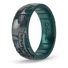 a green ring with black lettering on the inside and an image of a dragon in it