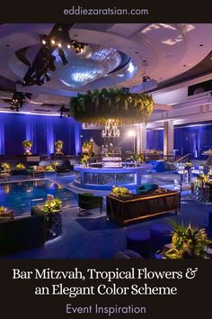 an elegant event with blue lighting and flowers on the ceiling is featured in this postcard