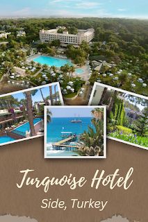 an aerial view of a hotel with pictures of the surrounding buildings and water in turkey