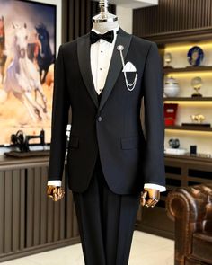 This men's black velvet tuxedo jacket makes an excellent addition to any modern gentleman's formal wear collection. When you want to make a stylish entrance at your next formal affair, this stunning slim-fit black blazer helps you to do just that.  Finely crafted from high-quality material, this single-breasted black tuxedo jacket is fully lined and has two exterior pockets.  The black tux jacket is half-canvassed for great versatility and superior shape for your body. Remarks : Dry Clean Only Lapel: Peak Lapel Material: 65% Polyester, 32% Viscose, 3% Lycra Cutting: Single Button, Double Slits Package included : Jacket, Vest & Pants Mens Suit For Wedding, Slim Fit Groom Suit, Black Velvet Tuxedo, Tuxedo Prom, Black Tuxedo Suit, Suit 3 Piece, Black Tuxedo Jacket, Suit For Wedding, Velvet Tuxedo