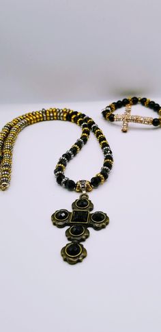 Handcrafted Jewelry By Teri C Necklace set Black Antiquist Cross And Rhinestone Bracelet Beads Making, Rhinestone Cross, Cross Bracelet, The Wire, Sustainable Jewelry, Rhinestone Bracelet, Black Square, Faceted Bead, Bracelet Set